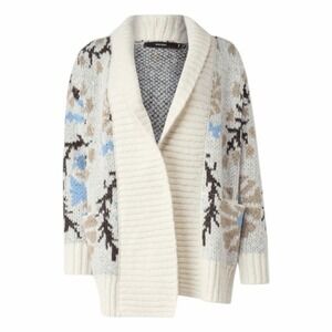 Vero‎ Moda Floral Print Open Front Cardigan Sweater Cream Brown Blue Knit M